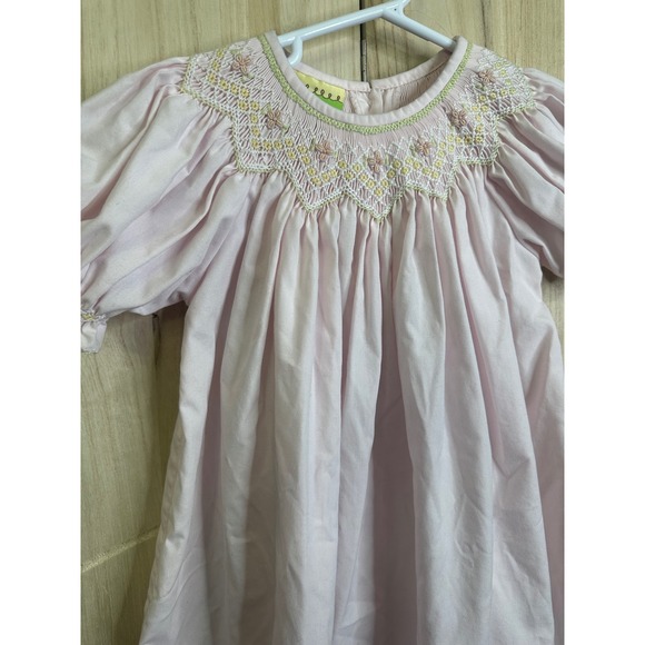 Le Za Me Pink Smocked Bishop Dress Girls 3T Puff Sleeve Button Back - Picture 2 of 8